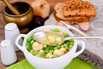 Soup with Cauliflower, Brussels Sprouts, Green Beans, Peas, Carr
