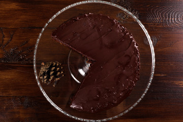 Delicious chocolate cake. Top view.