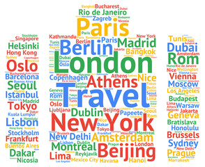 Fototapeta premium Global travel cities names destinations word cloud 