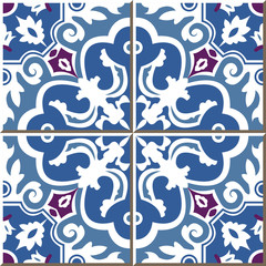Vintage seamless wall tiles of blue spiral flower, Moroccan, Portuguese.

