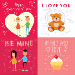 happy valentines day cards with cartoon couple, teddy bear, cake