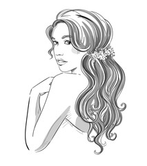 Sketch of a beautiful girl with bridal hairstyle. Black and whit