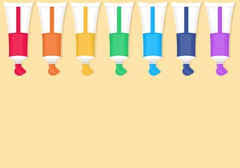 
Colored tubes of paint. Set of seven colored tubes. Red, orange, yellow, green, blue and purple colors. Vector illustration
