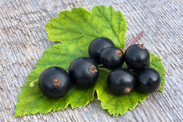 berries of black currant on wooden background, closeup