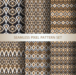 Collection of pixel colorful seamless patterns with stylized Greenland national ornament. Vector illustration.