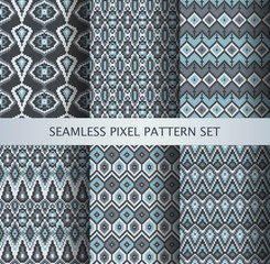 Collection of pixel gray seamless patterns with stylized Greenland national ornament. Vector illustration.