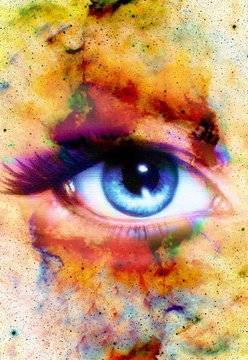 Woman Eye and abstract color background, eye contact.
