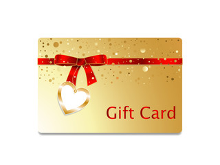 Golden gift card with red ribbon bow and heart badge