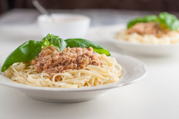 Two plates of Italian pasta with meat sauce