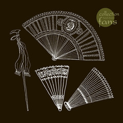 Collection womens old fans. Vector illustration sketch on black background.