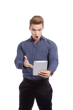 frustrated young man with tablet