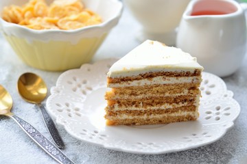 honey cake on the mirror surface sprinkled with powdered sugar