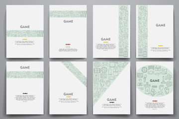 Corporate identity vector templates set with doodles gaming theme