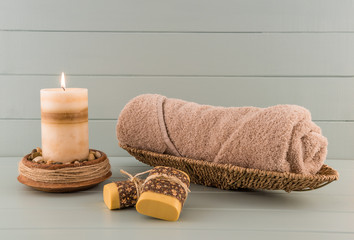 Fototapeta na wymiar Spa Towel with Artisan Soap and Candle