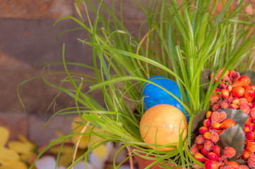 Ostern mit versteckten Eiern im Gras