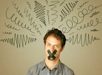 Young man with glued mouth and curly lines