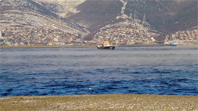 The ship in the black sea in winter
