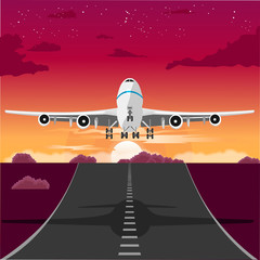 airplane taking off from the runway in the evening