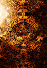 Ancient Mayan Calendar, abstract color Background, computer collage.