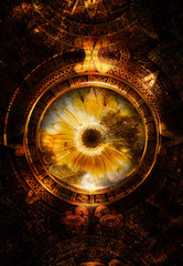 Ancient Mayan Calendar, abstract color Background, computer collage.