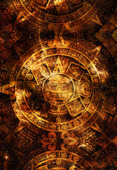 Fototapeta na wymiar Ancient Mayan Calendar, Cosmic space and stars, abstract color Background, computer collage.