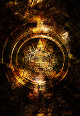 Ancient Mayan Calendar, abstract color Background, computer collage.
