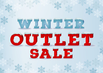 Winter outlet sale inscription design template in 3d style on blue background with snowflakes. Winter outlet, clearance, seasonal total sale concept. Snow cap text effect. EPS 10 vector illustration