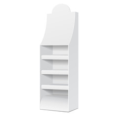 White POS POI Cardboard Floor Display Rack For Supermarket Blank Empty Displays With Shelves Products On White Background Isolated. Ready For Your Design. Product Packing. Vector EPS10 