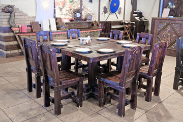 The interior of the restaurant in the old Russian style