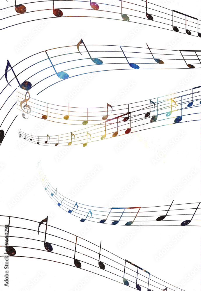 Poster music note and Space and stars with abstrtact color background.