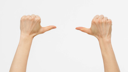 Male and female hands showing different direction