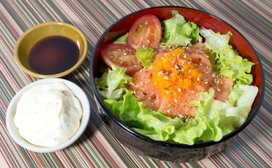 Bowl of Boiled Rice with Salmon and Vegetable