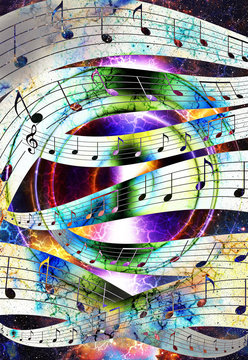 music note and silhouette music speaker and Space with stars. abstract color background. Music concept.