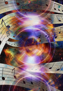 Audio music Speaker and note. Cosmic space and stars, abstract cosmic  background.