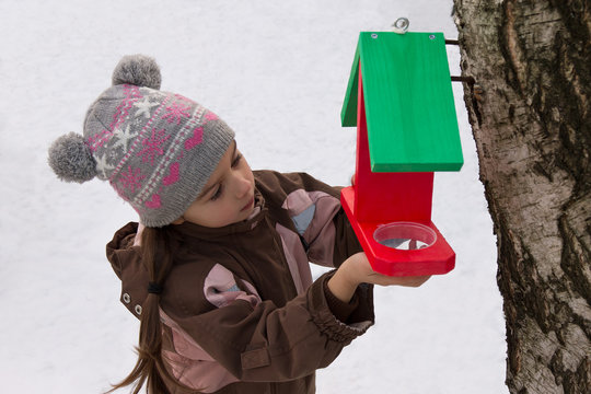 Little Girl Attaches Bird Feeder To A Tree In Winter