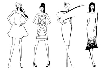 Fashion models.Sketch in black and white color. Set of vector women or girls.
