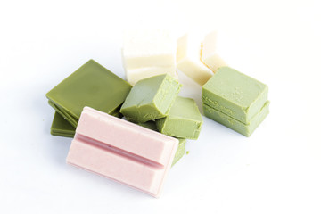 Group of green tea ,strawberry and white chocolate