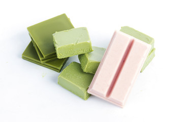 Group of green tea ,strawberry and white chocolate