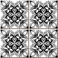 Vintage seamless wall tiles of black gray spiral flower, Moroccan, Portuguese.
