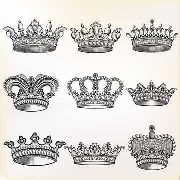 Vector set of hand drawn detailed crowns for design