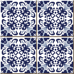 Vintage seamless wall tiles of blue spiral leaf cross flower, Moroccan, Portuguese.
