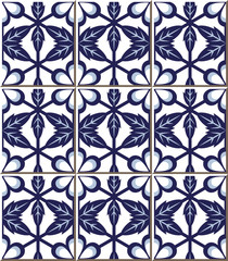Vintage seamless wall tiles of blue flower leaf cross polygon, Moroccan, Portuguese.
