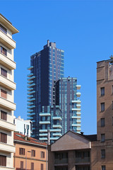 View of Milan with Torre Tanning skyscraper. Italy.