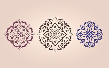 Set of three patterns in the shape of circle. Mandala.