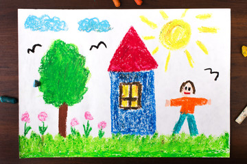Kolorowy rysunek przedstawiający drzewo, domek i człowieka. 