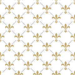 Fleur de lis seamless vector pattern. French vintage stylized lily flower luxury royal symbol. Monarchy gold iris sign on white intersected background. - obrazy, fototapety, plakaty