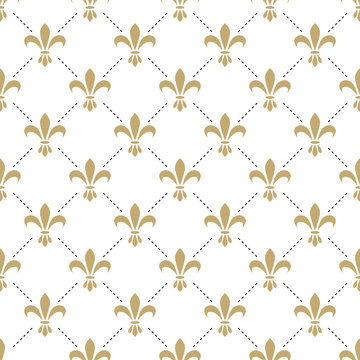 Fleur de lis seamless vector pattern. French vintage stylized lily flower luxury royal symbol. Monarchy gold iris sign on white intersected background.