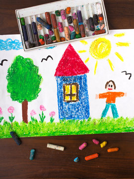 colorful drawings: country house and happy men