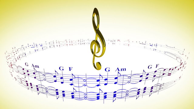 Violin clef rotating in the center of music sheets notes carousel, seamless loop