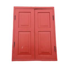 Closed window, Red wooden window on white isolated background.